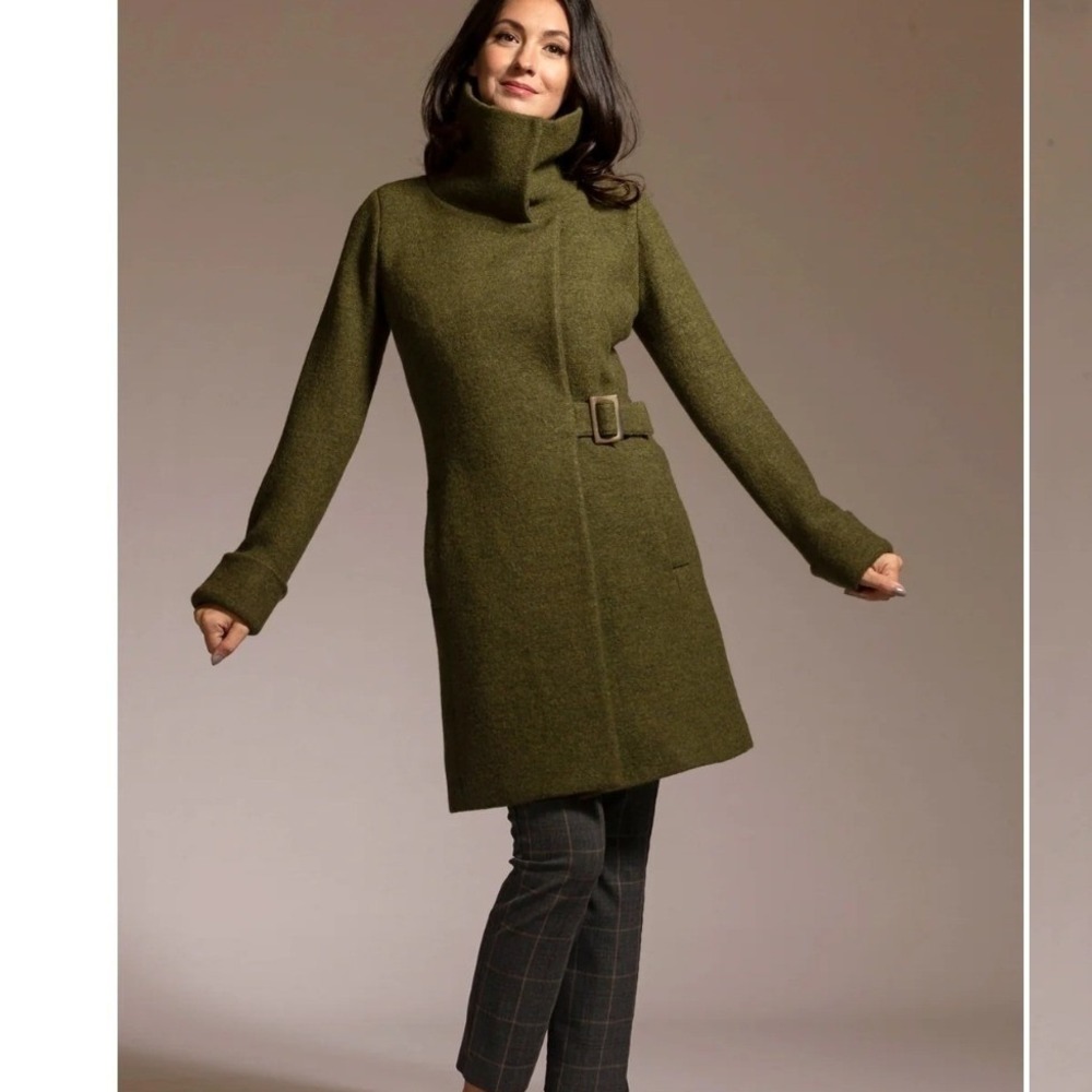 De Novo by Elizabeth Holliday Ioden Green Cowl Neck Coat Size 12 Merino Wool